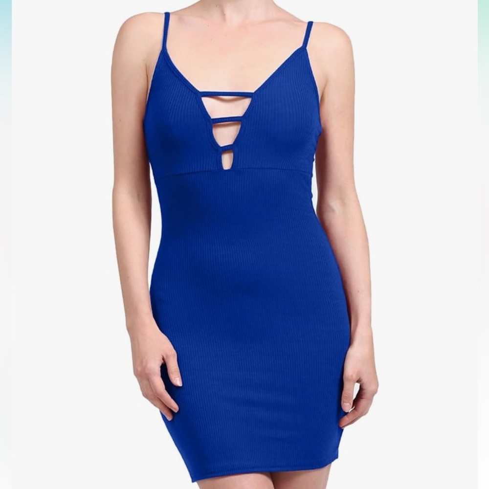 Ribbed Blue Knit Spaghetti Strap Bodycon Mini Dress, Size: S